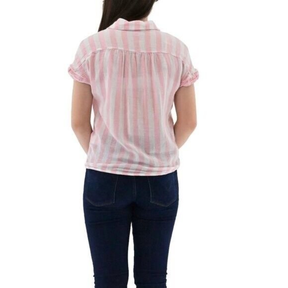 OLD NAVY Womens Striped Linen Cotton Tie Front Button Up Top Pink White Size XS - Picture 3 of 6